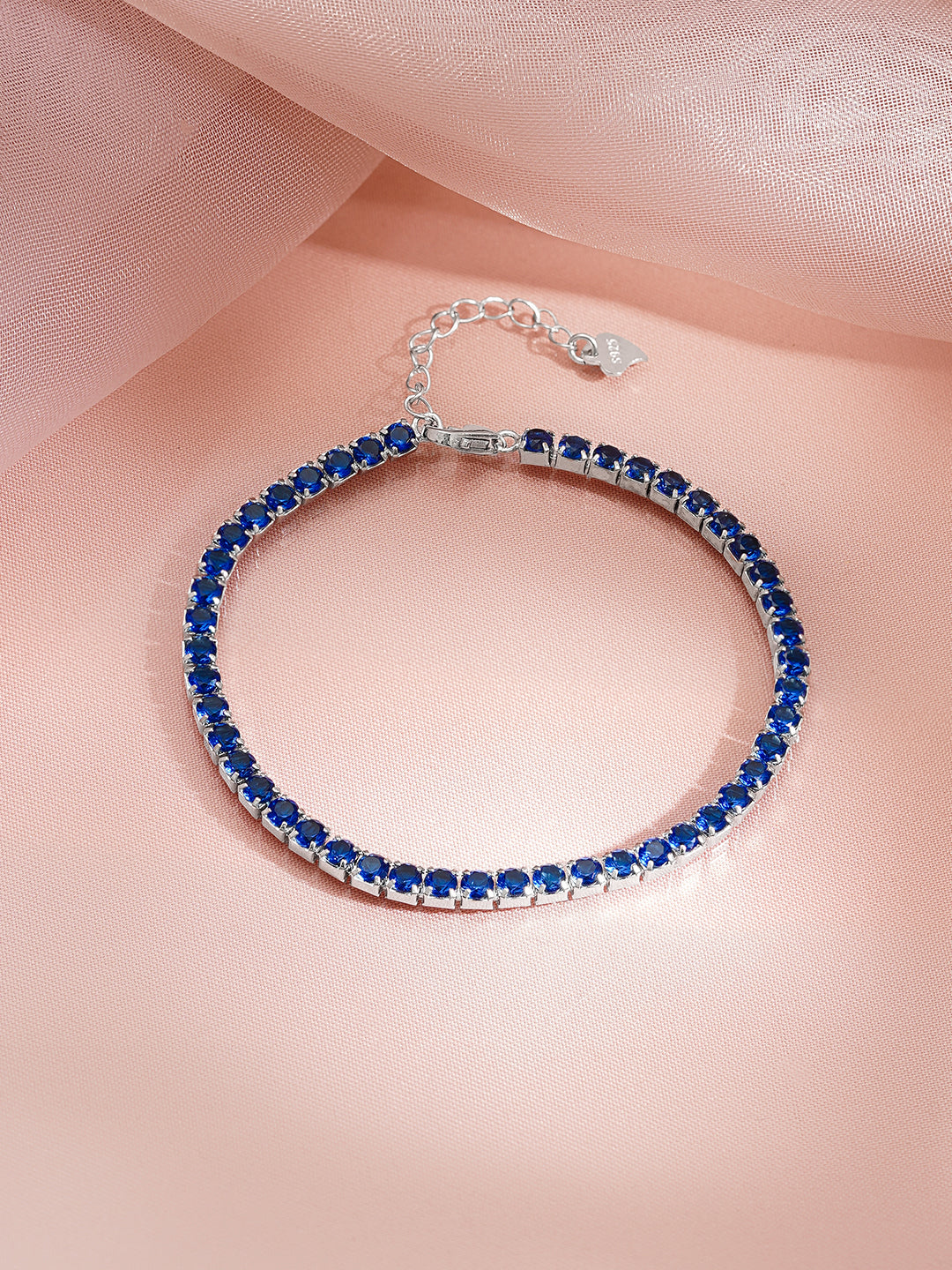 925 Fine Silver Rhodium Plated Blue Sapphire Bracelet With Heart Charm フリーサイズ