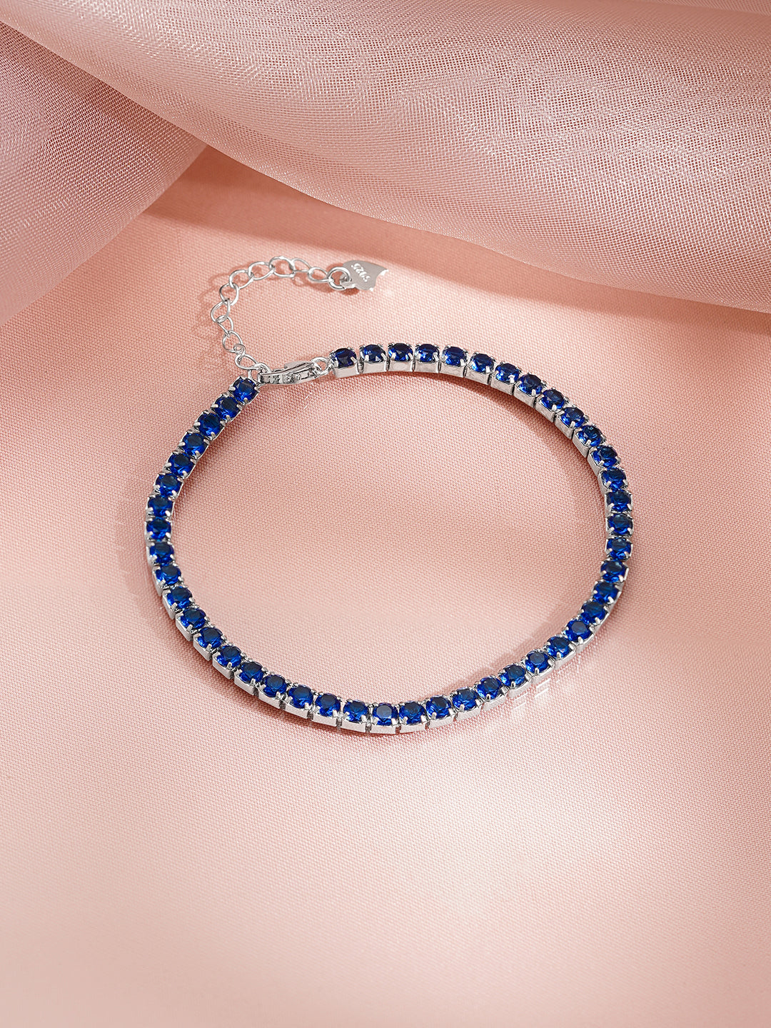 925 Fine Silver Rhodium Plated Blue Sapphire Bracelet With Heart Charm フリーサイズ