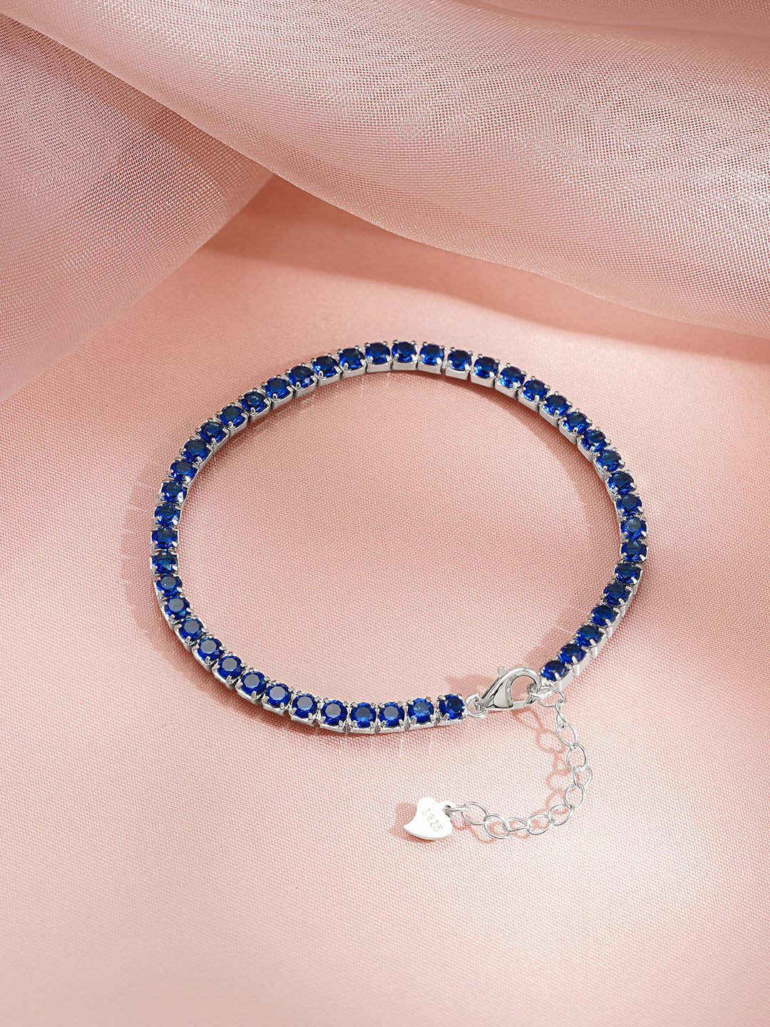 925 Fine Silver Rhodium Plated Blue Sapphire Bracelet With Heart Charm フリーサイズ