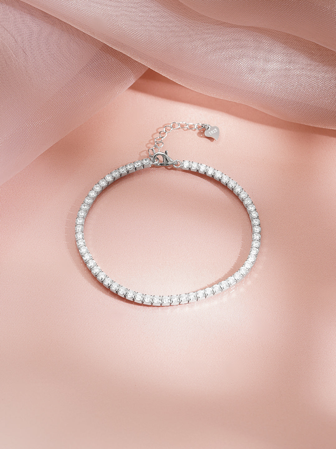925 Fine Silver Rhodium Plated Heart Charm Bracelet フリーサイズ
