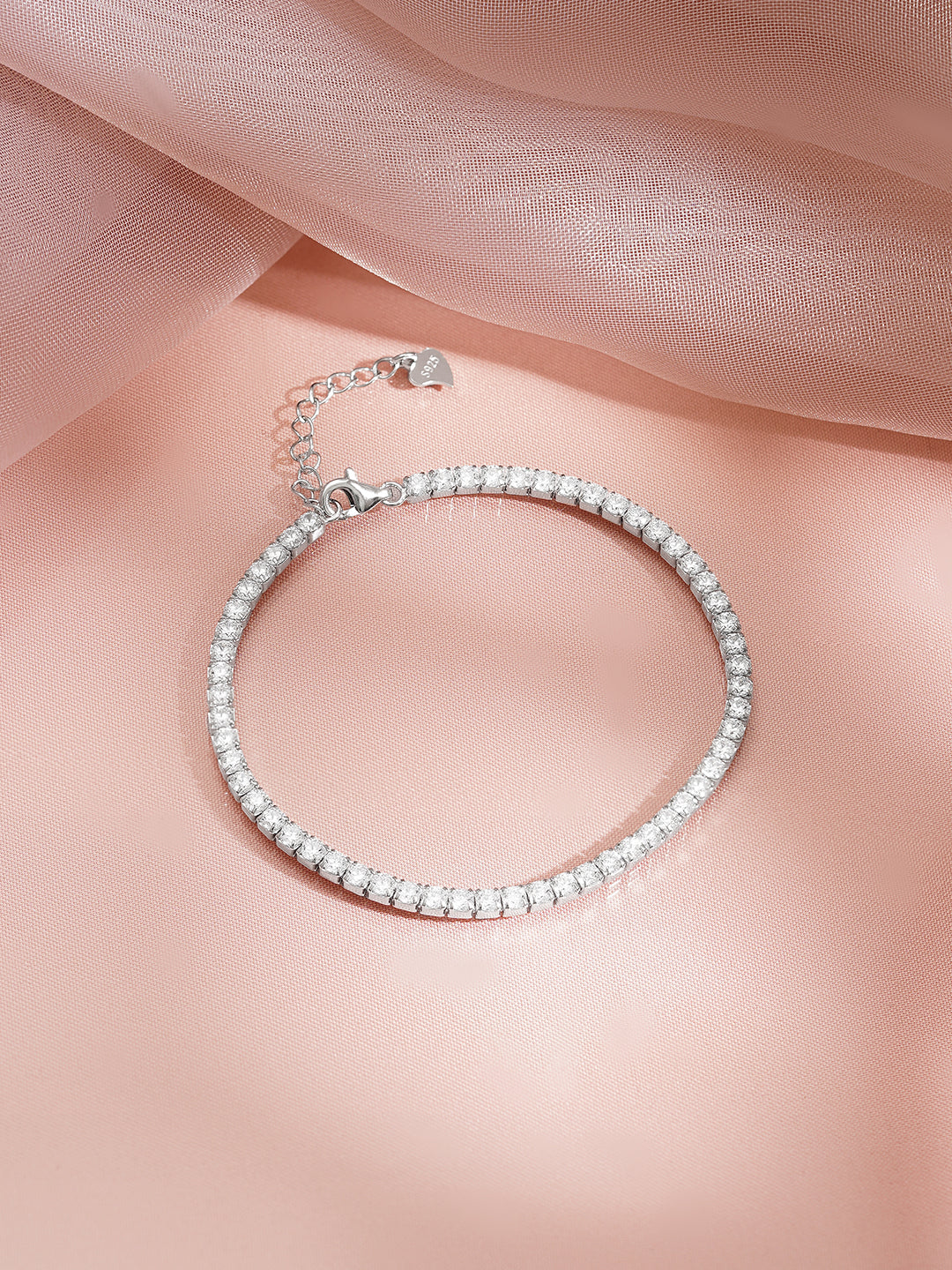 925 Fine Silver Rhodium Plated Heart Charm Bracelet フリーサイズ