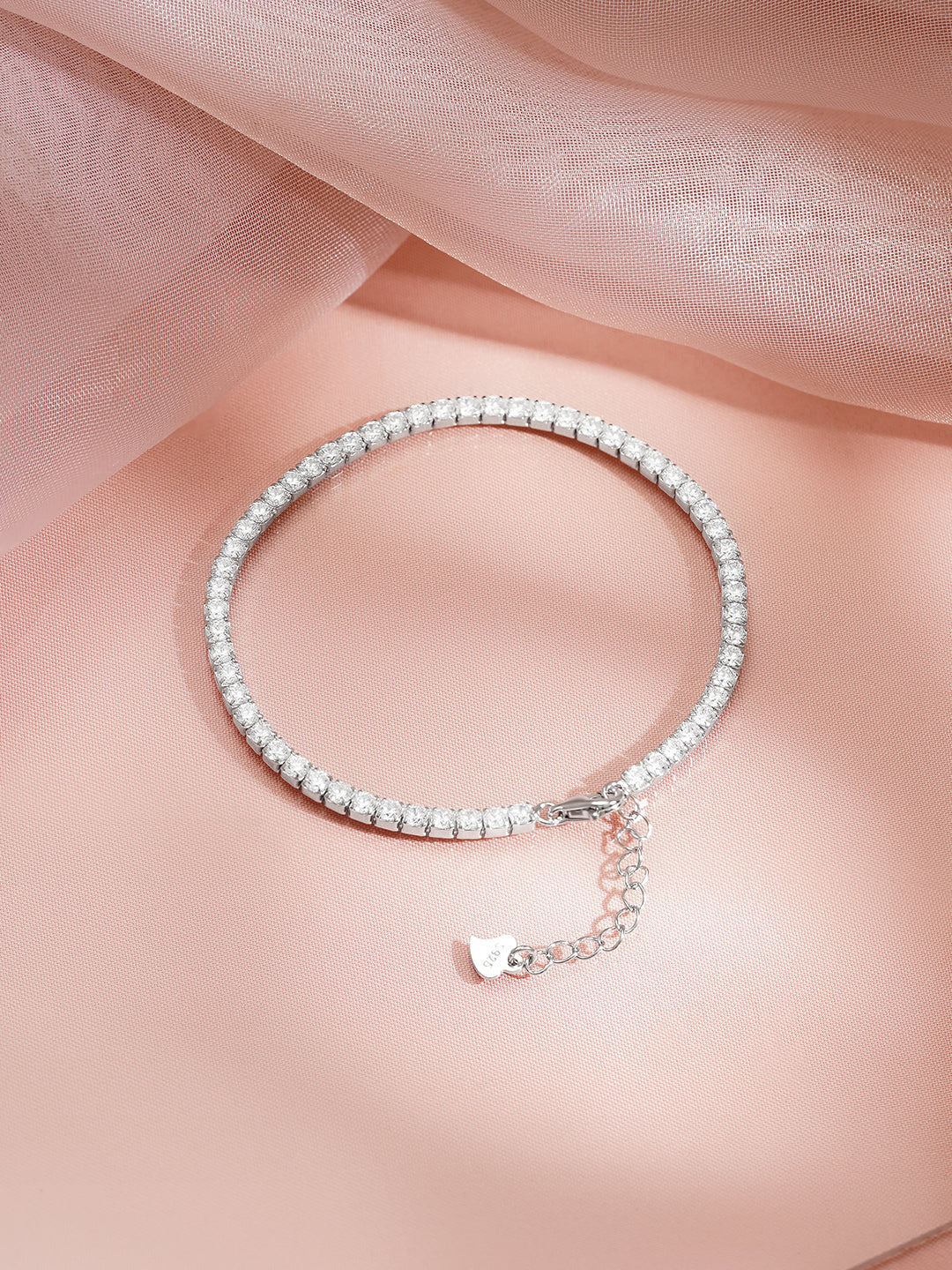 925 Fine Silver Rhodium Plated Heart Charm Bracelet フリーサイズ