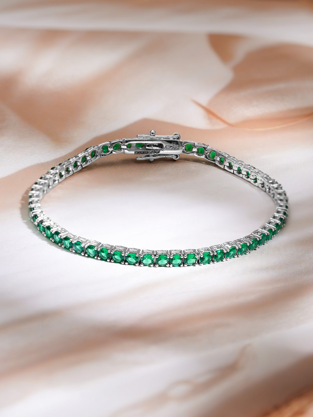 925 Fine Silver Rhodium Plated American Diamond Zirconia Emerald Green Bracelet フリーサイズ