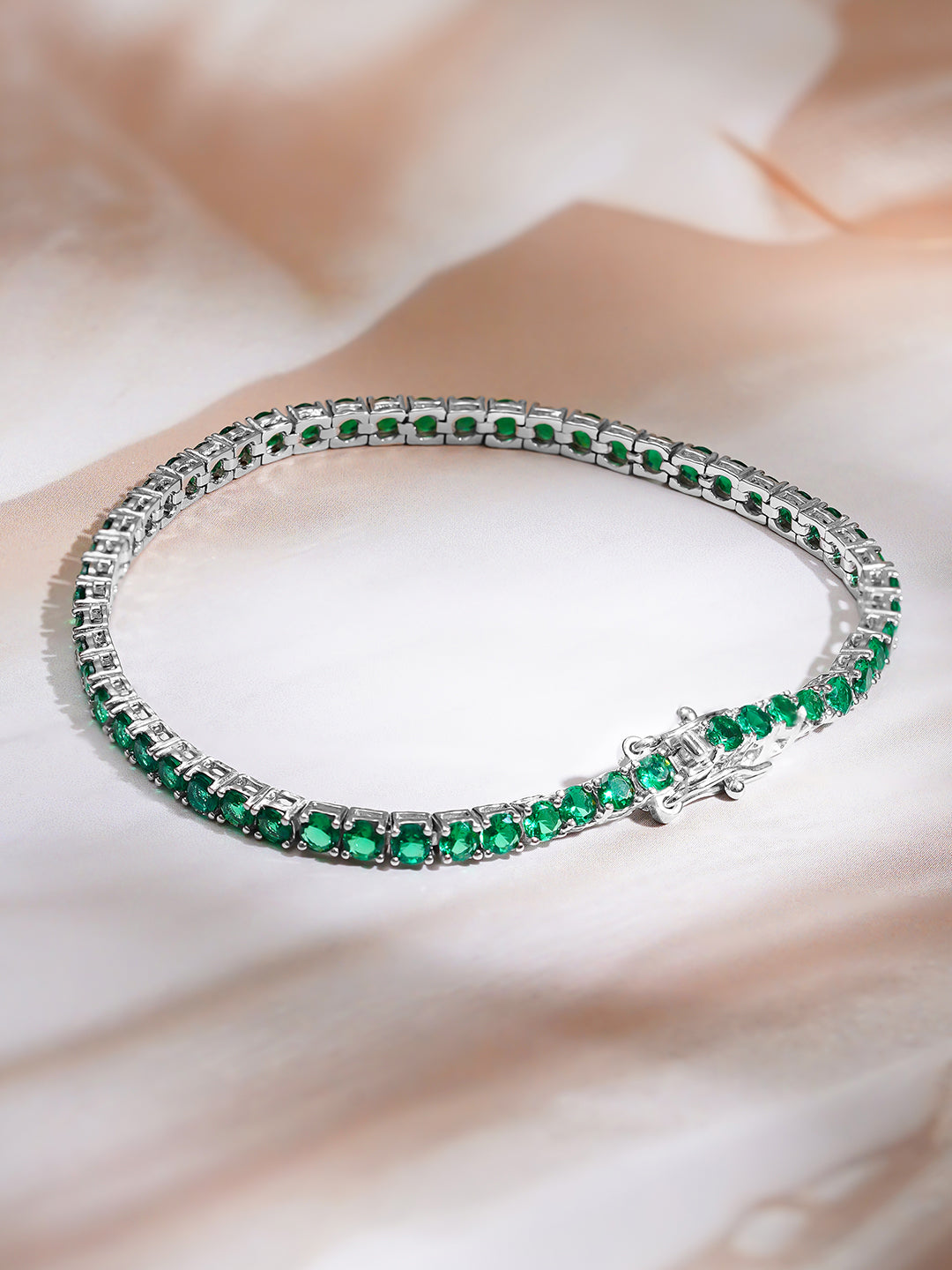 925 Fine Silver Rhodium Plated American Diamond Zirconia Emerald Green Bracelet フリーサイズ