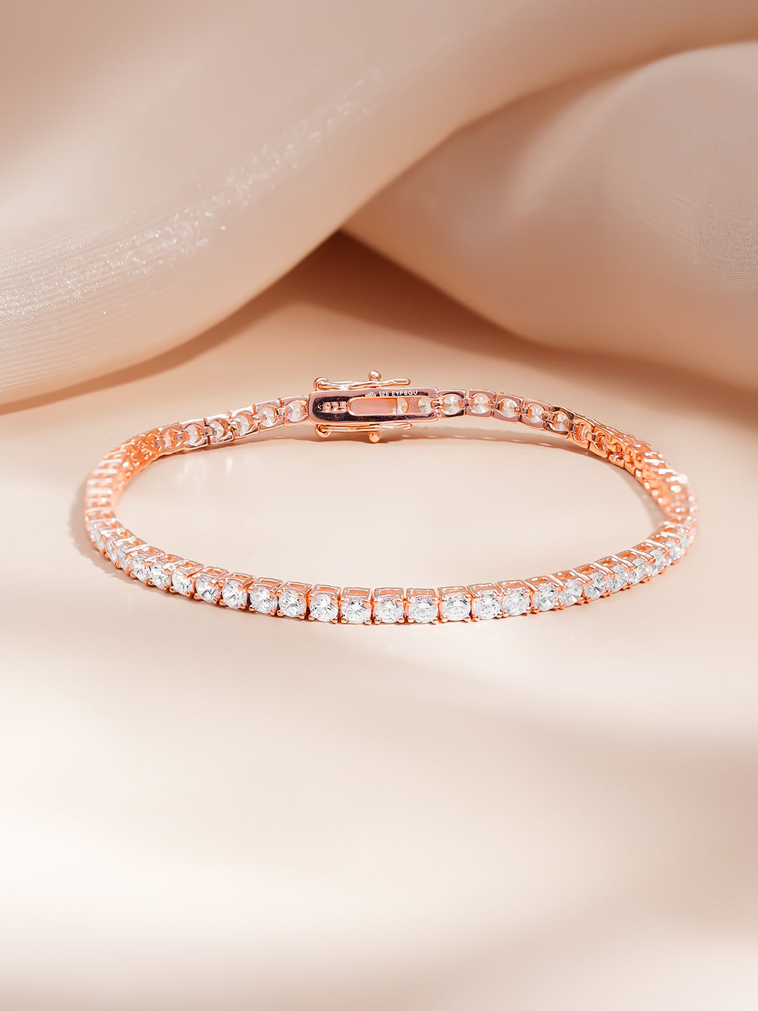 925 Fine Silver Rose Gold Plated Cubic Zirconia Tennis Bracelet フリーサイズ