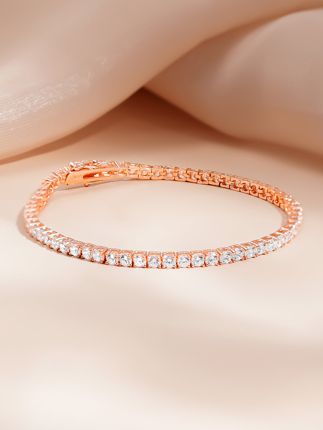 925 Fine Silver Rose Gold Plated Cubic Zirconia Tennis Bracelet フリーサイズ