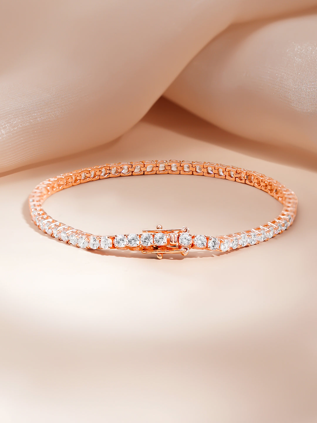 925 Fine Silver Rose Gold Plated Cubic Zirconia Tennis Bracelet フリーサイズ