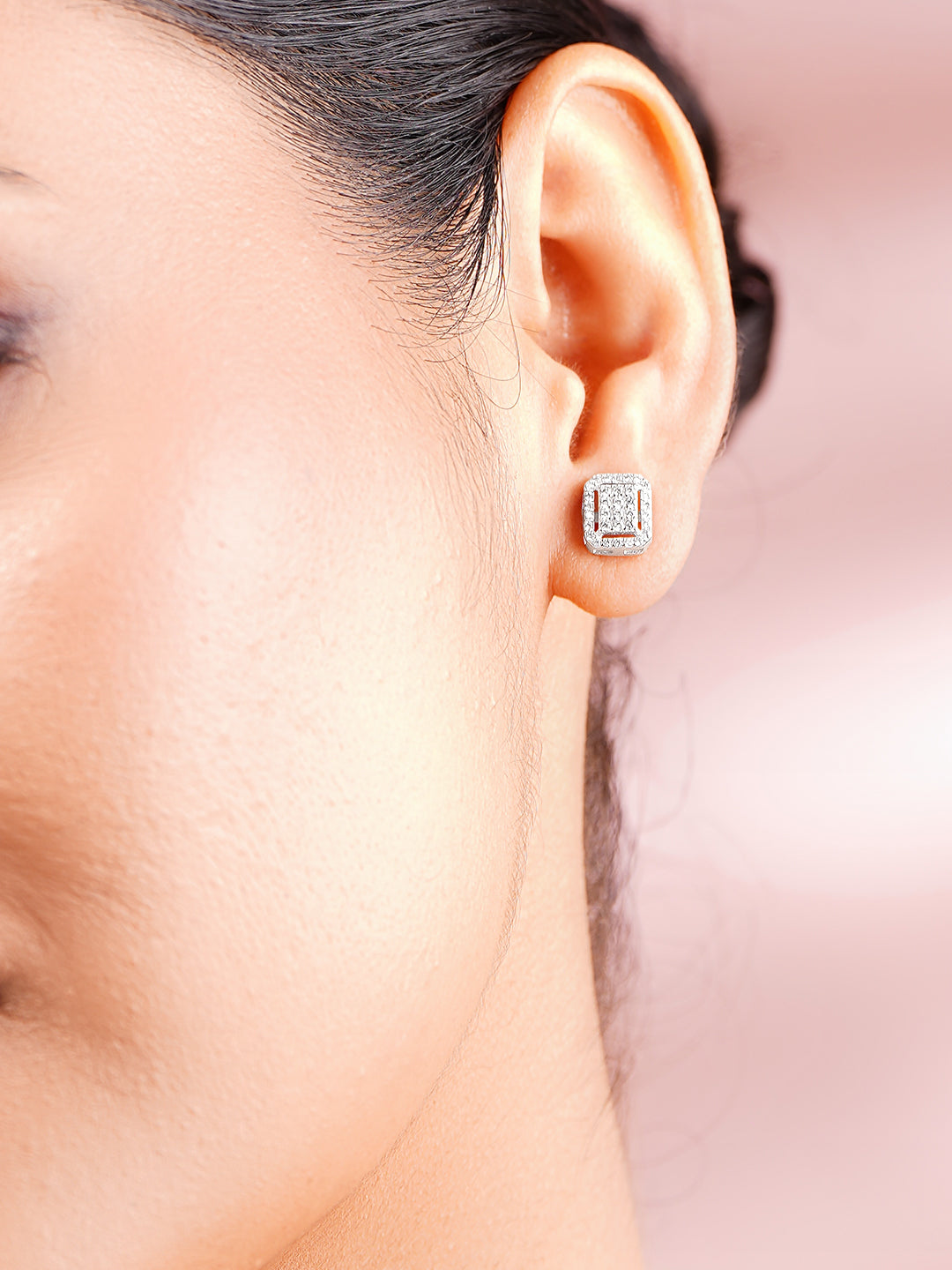 925 Fine Silver Geometric Halo Cubic Zirconia Stud Earrings フリーサイズ