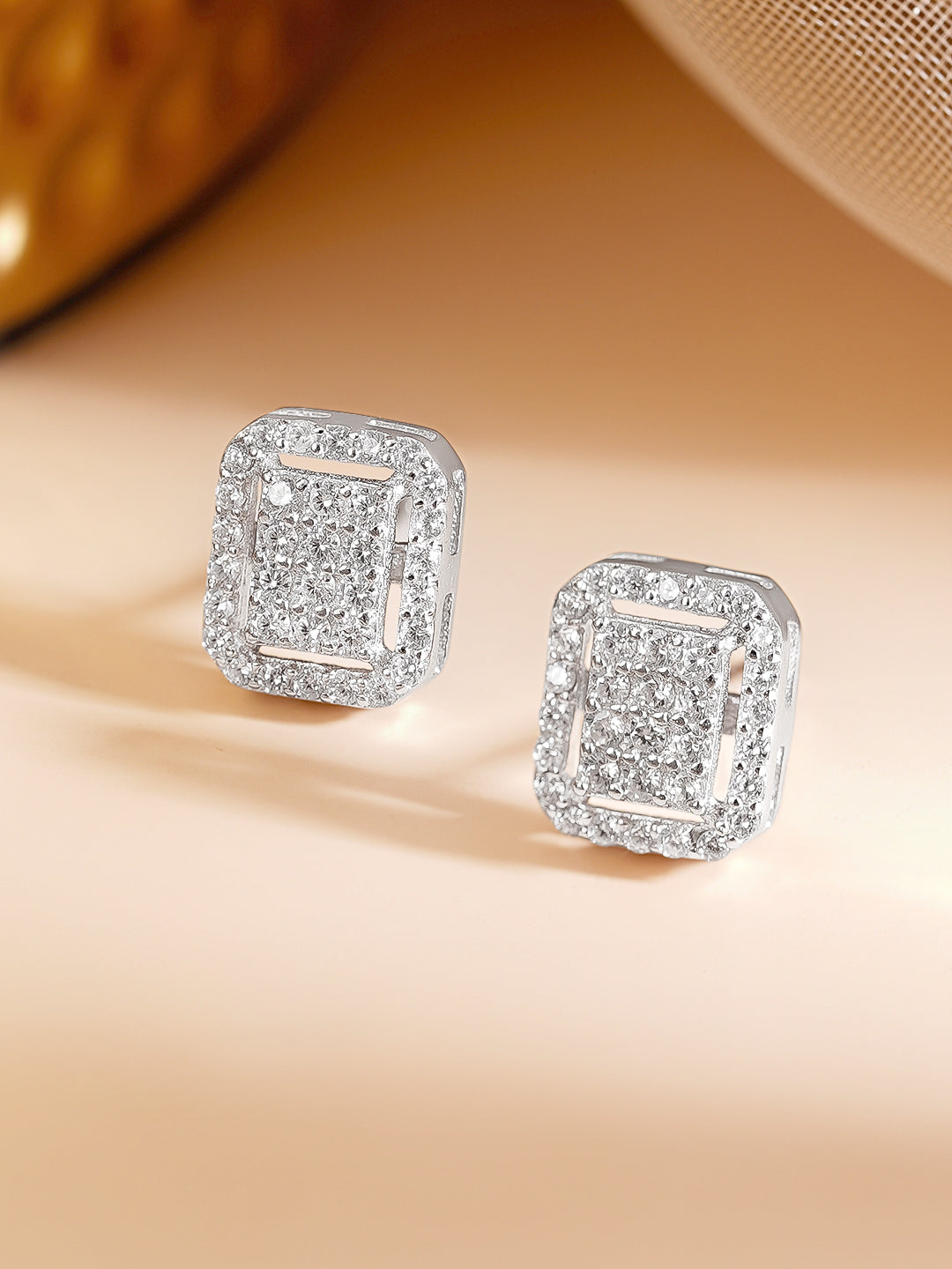925 Fine Silver Geometric Halo Cubic Zirconia Stud Earrings フリーサイズ