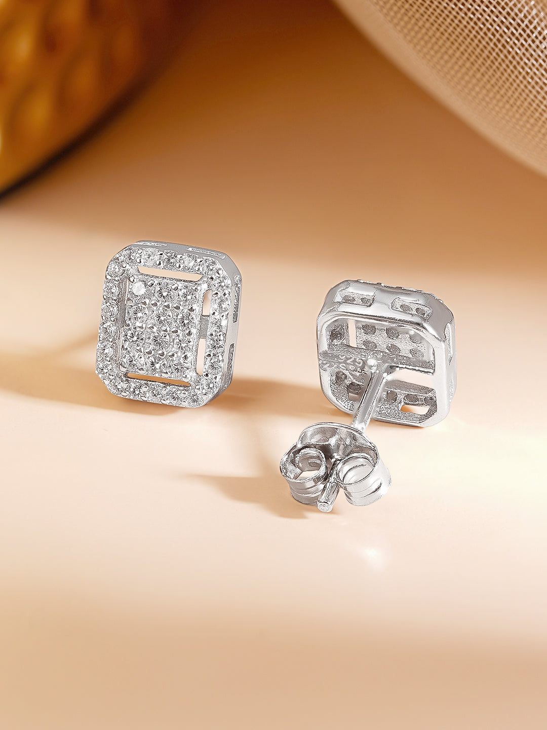 925 Fine Silver Geometric Halo Cubic Zirconia Stud Earrings フリーサイズ