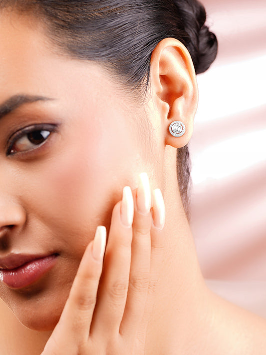 925 Fine Silver Cubic Zirconia Baguette Halo Round Stud Earrings フリーサイズ