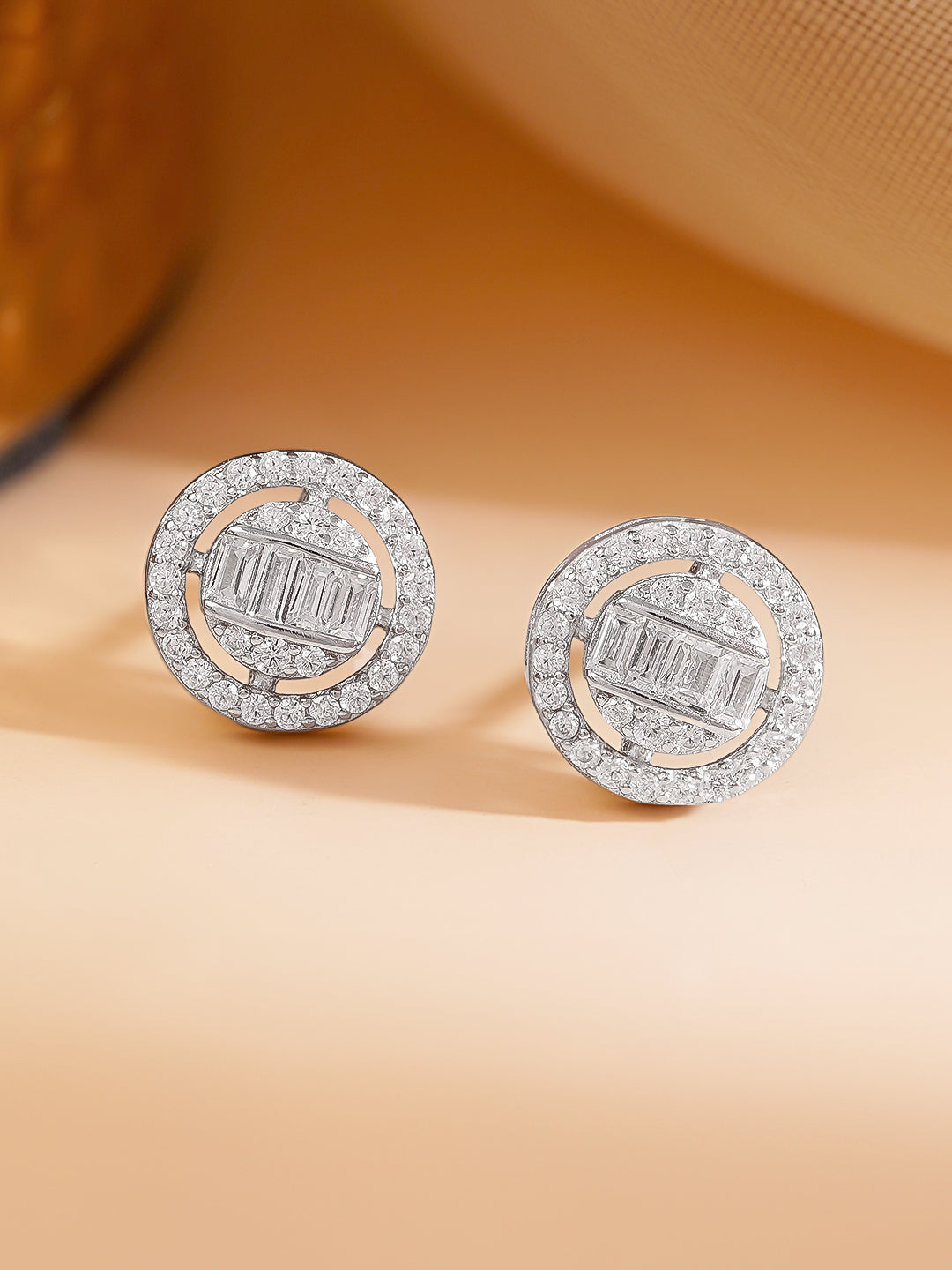 925 Fine Silver Cubic Zirconia Baguette Halo Round Stud Earrings フリーサイズ