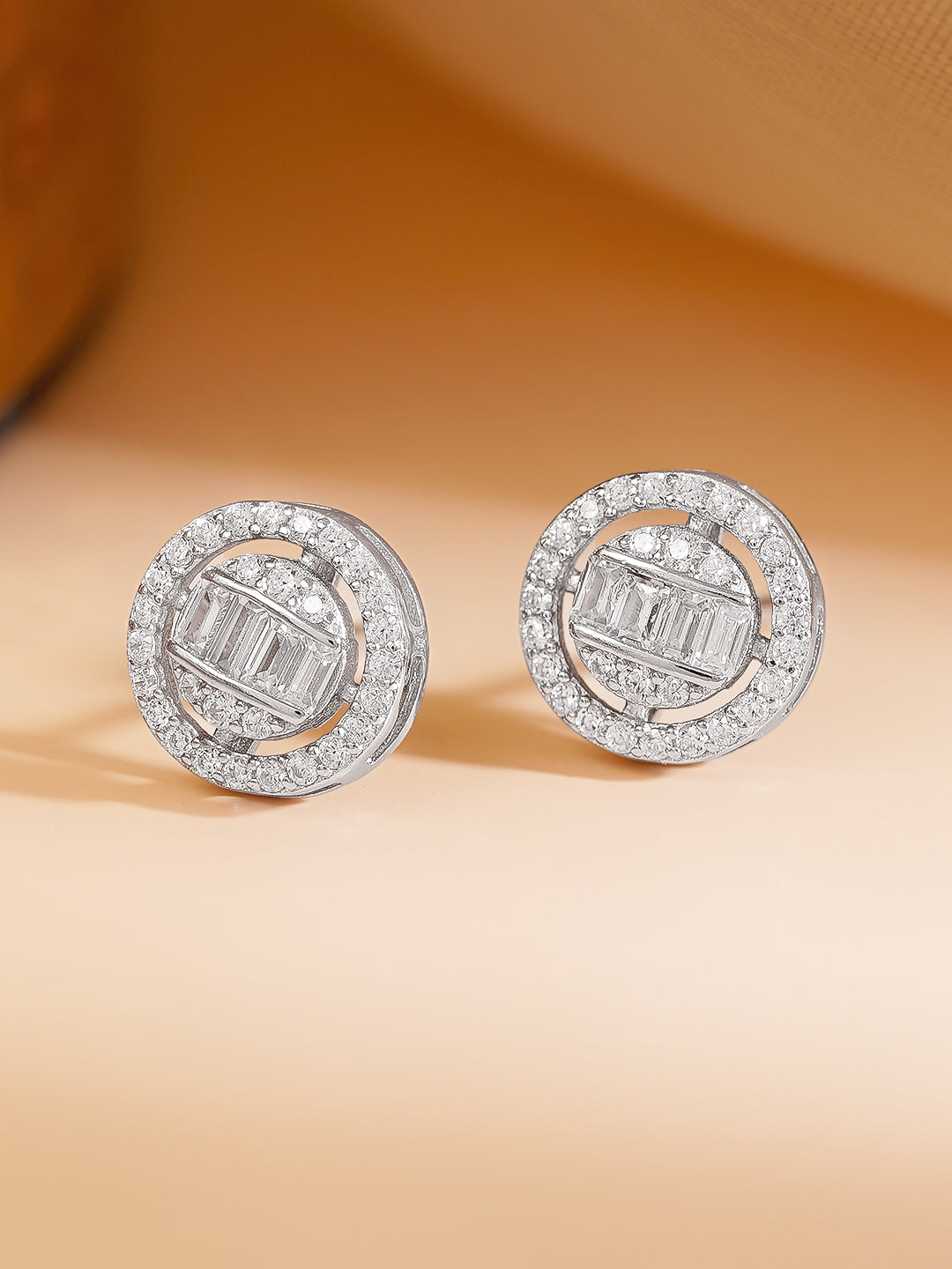 925 Fine Silver Cubic Zirconia Baguette Halo Round Stud Earrings フリーサイズ