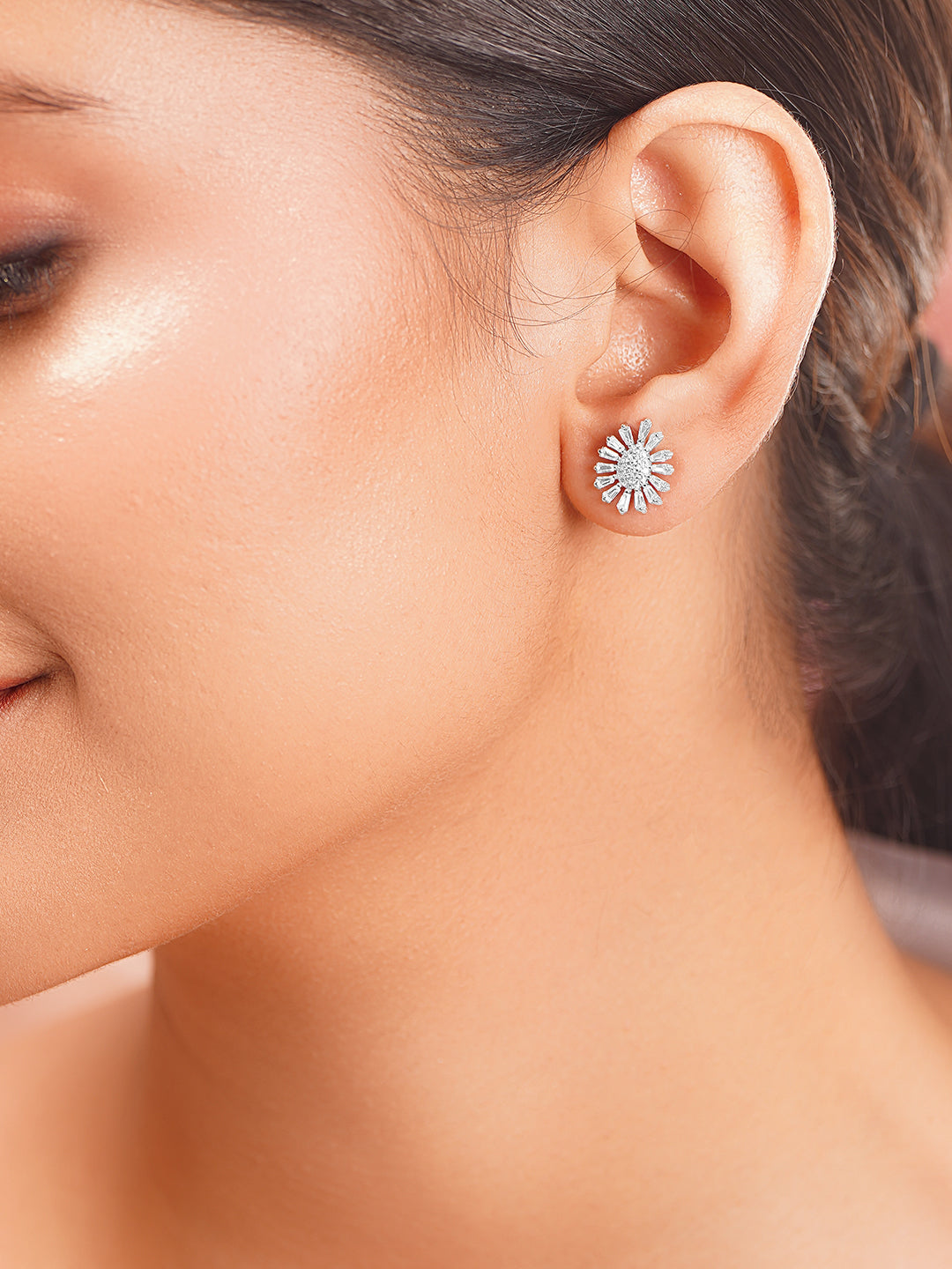 925 Fine Silver Rhodium Plated FLoral Studs Earrings フリーサイズ