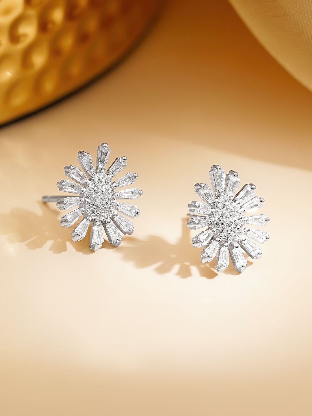 925 Fine Silver Rhodium Plated FLoral Studs Earrings フリーサイズ