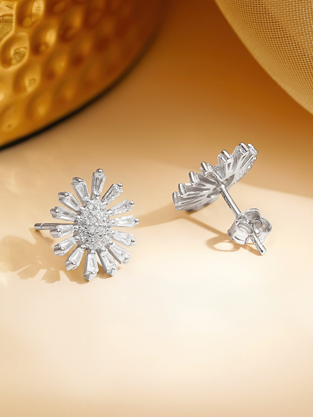 925 Fine Silver Rhodium Plated FLoral Studs Earrings フリーサイズ