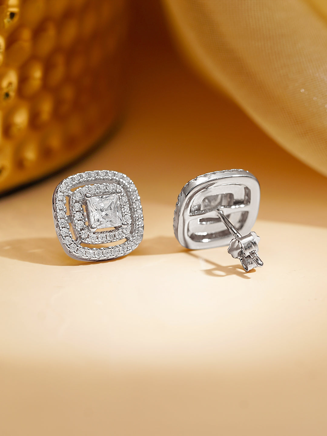 925 Fine Silver Rhodium Plated Cubic Studs フリーサイズ