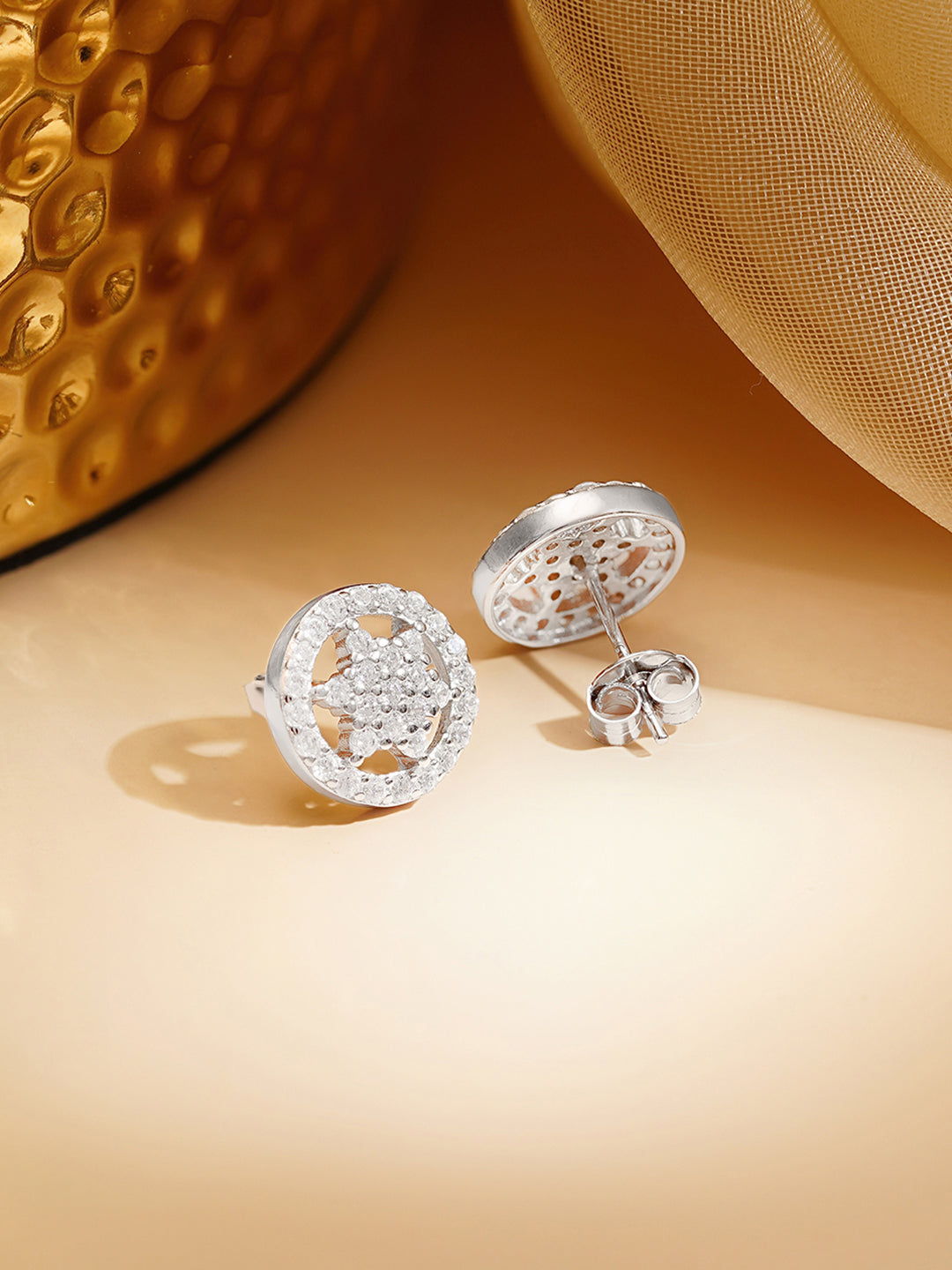 925 Fine Silver Rhodium Plated Floral Round Studs フリーサイズ