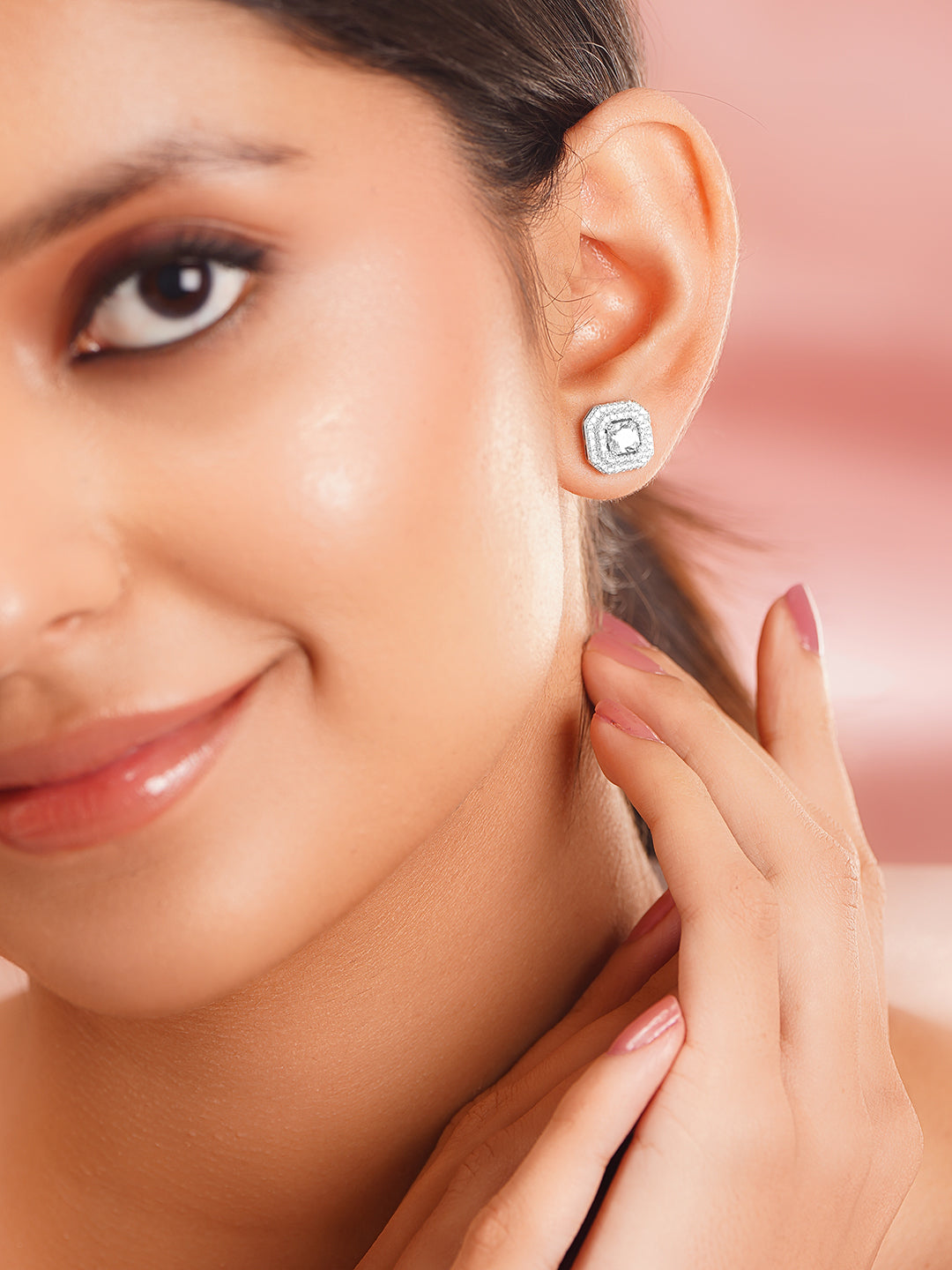 925 Fine Silver Rhodium Plated Cubic Studs Earrings フリーサイズ