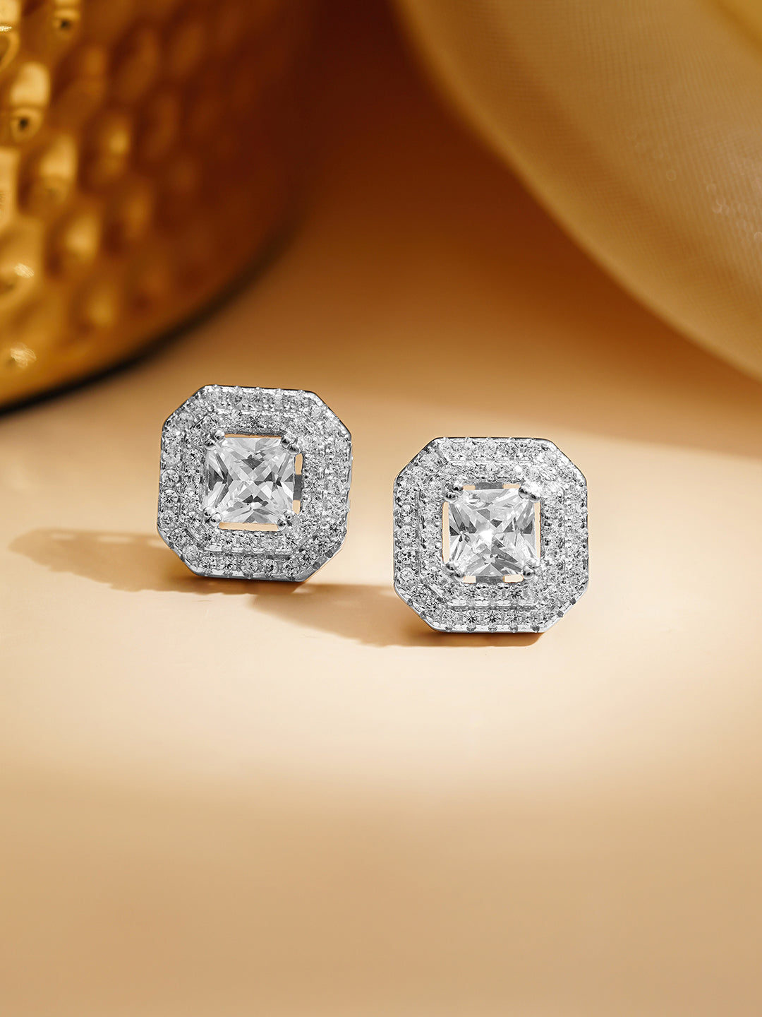 925 Fine Silver Rhodium Plated Cubic Studs Earrings フリーサイズ