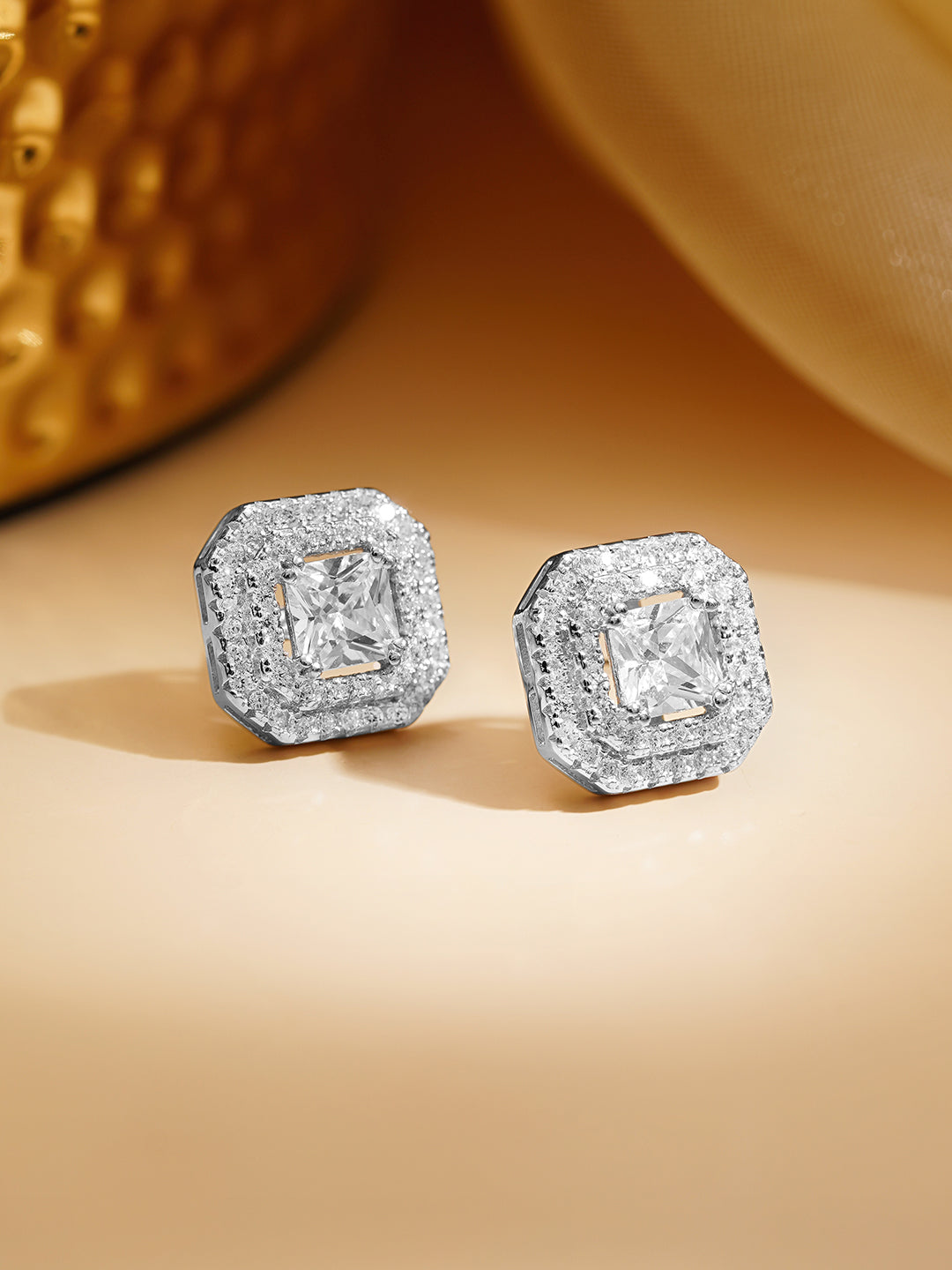 925 Fine Silver Rhodium Plated Cubic Studs Earrings フリーサイズ