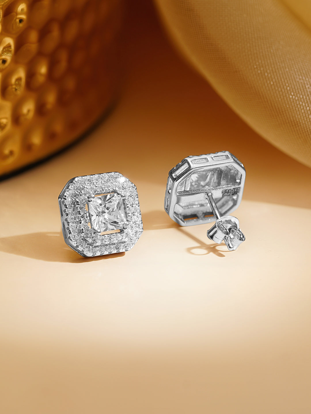 925 Fine Silver Rhodium Plated Cubic Studs Earrings フリーサイズ