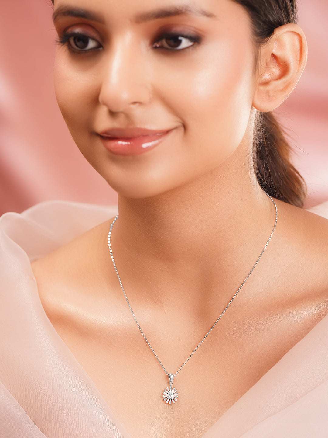 925 Fine Silver Rhodium Plated Floral Pendant Necklace フリーサイズ