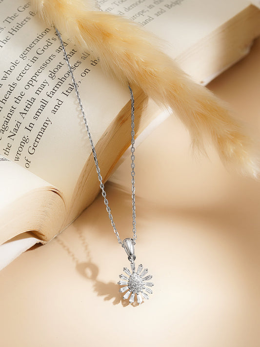 925 Fine Silver Rhodium Plated Floral Pendant Necklace フリーサイズ