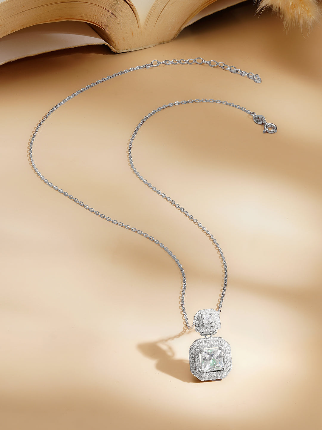 925 Fine Silver Rhodium Plated Cubic Pendant Necklace フリーサイズ