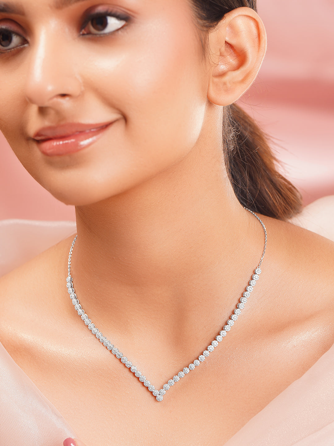 925 Fine Silver Rhodium Plated Floral Chain Necklace フリーサイズ