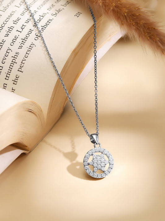 925 Fine Silver Rhodium Plated  Round Floral Necklace フリーサイズ