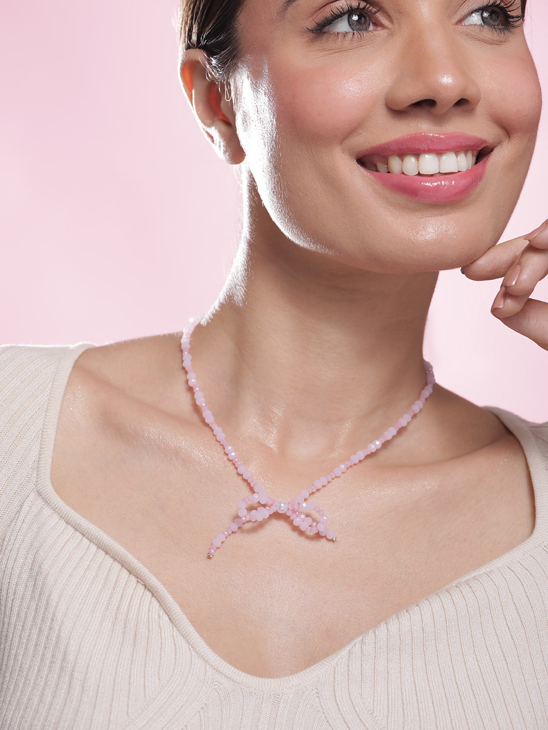 Gleaming Bow Pink American Diamond Zirconia Studded Necklace Silver