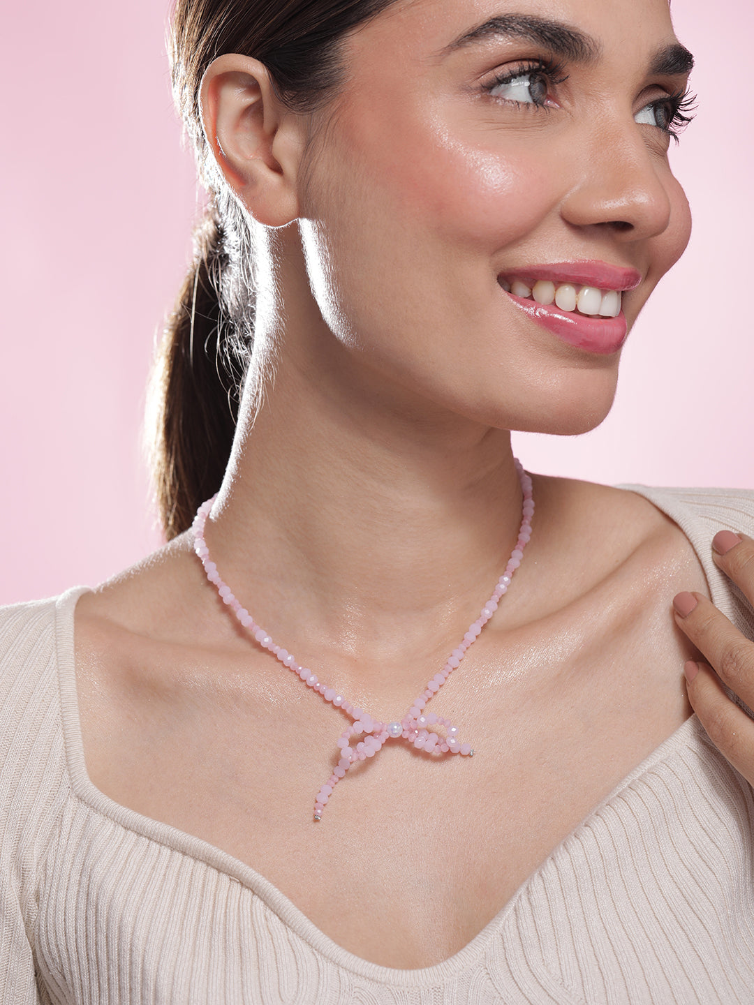 Gleaming Bow Pink American Diamond Zirconia Studded Necklace Silver