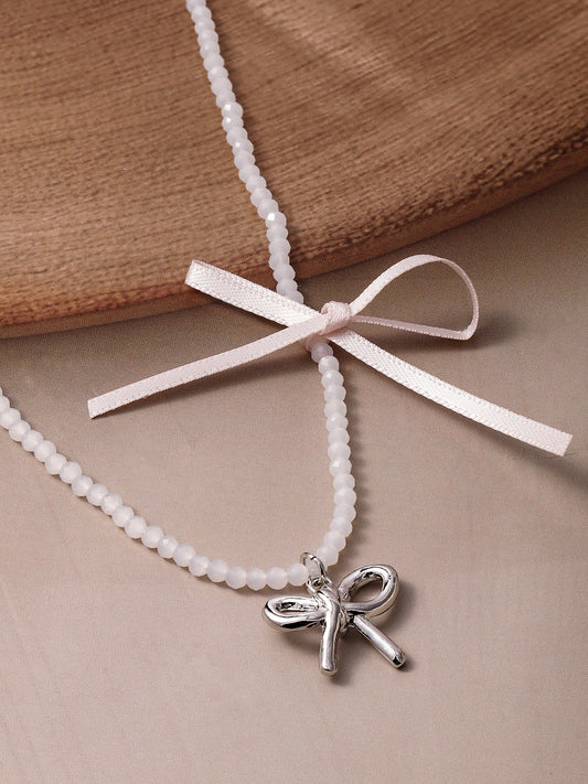 Chic Bow Pendant with Pearl & Ribbon Charm Silver