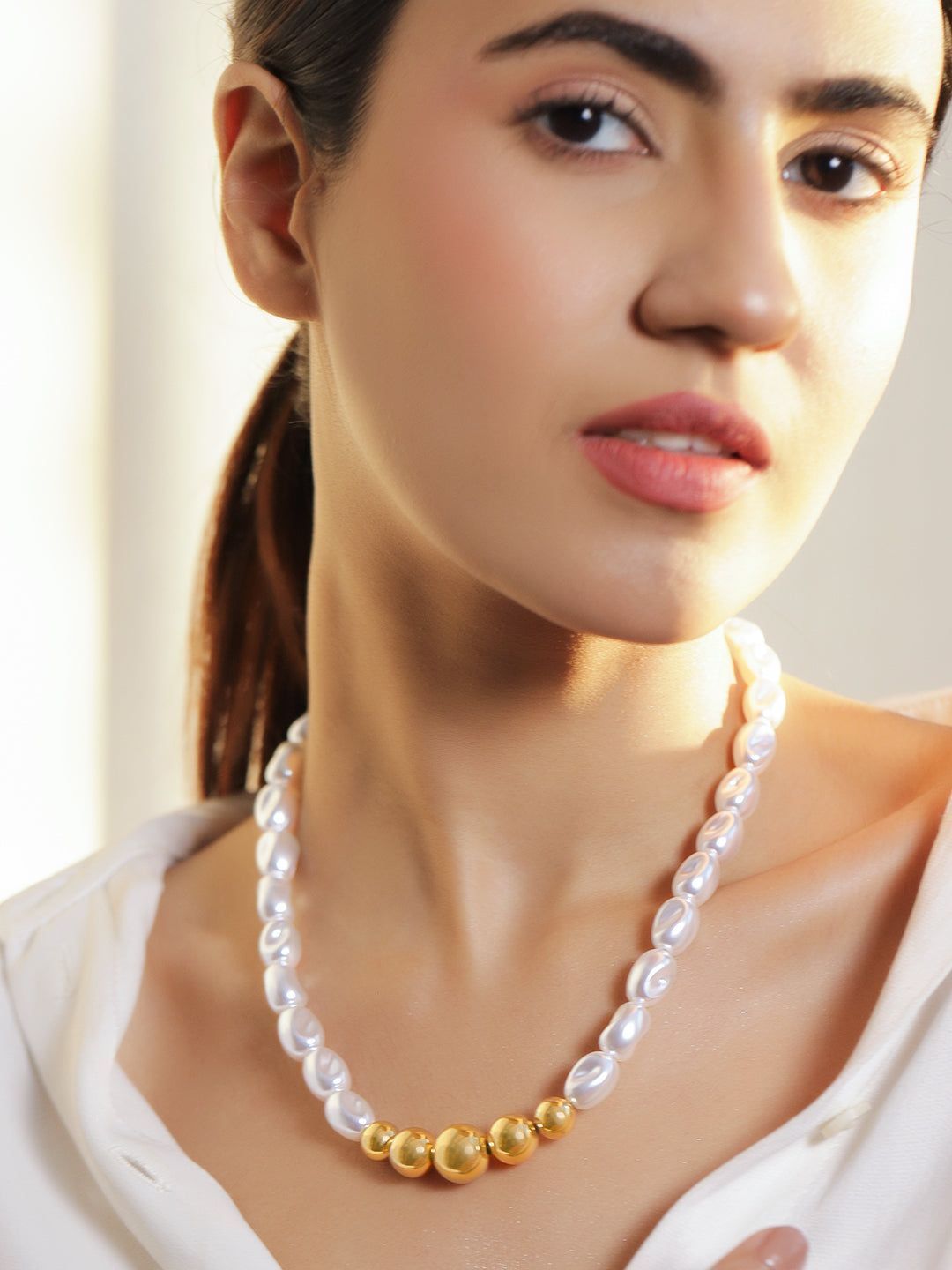 Gold Beaded Pearl Necklace フリーサイズ
