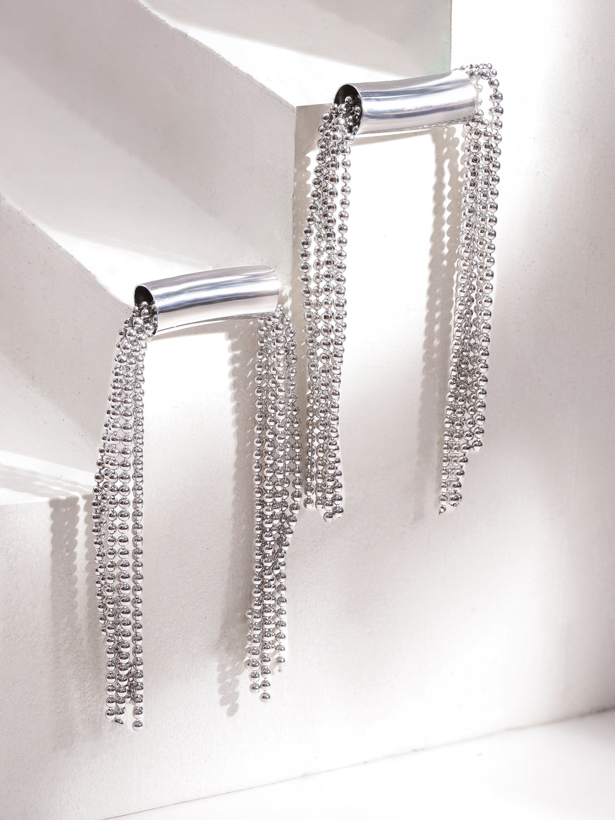 Silver Toned Multi-Strand Beaded Dangler Earrings フリーサイズ
