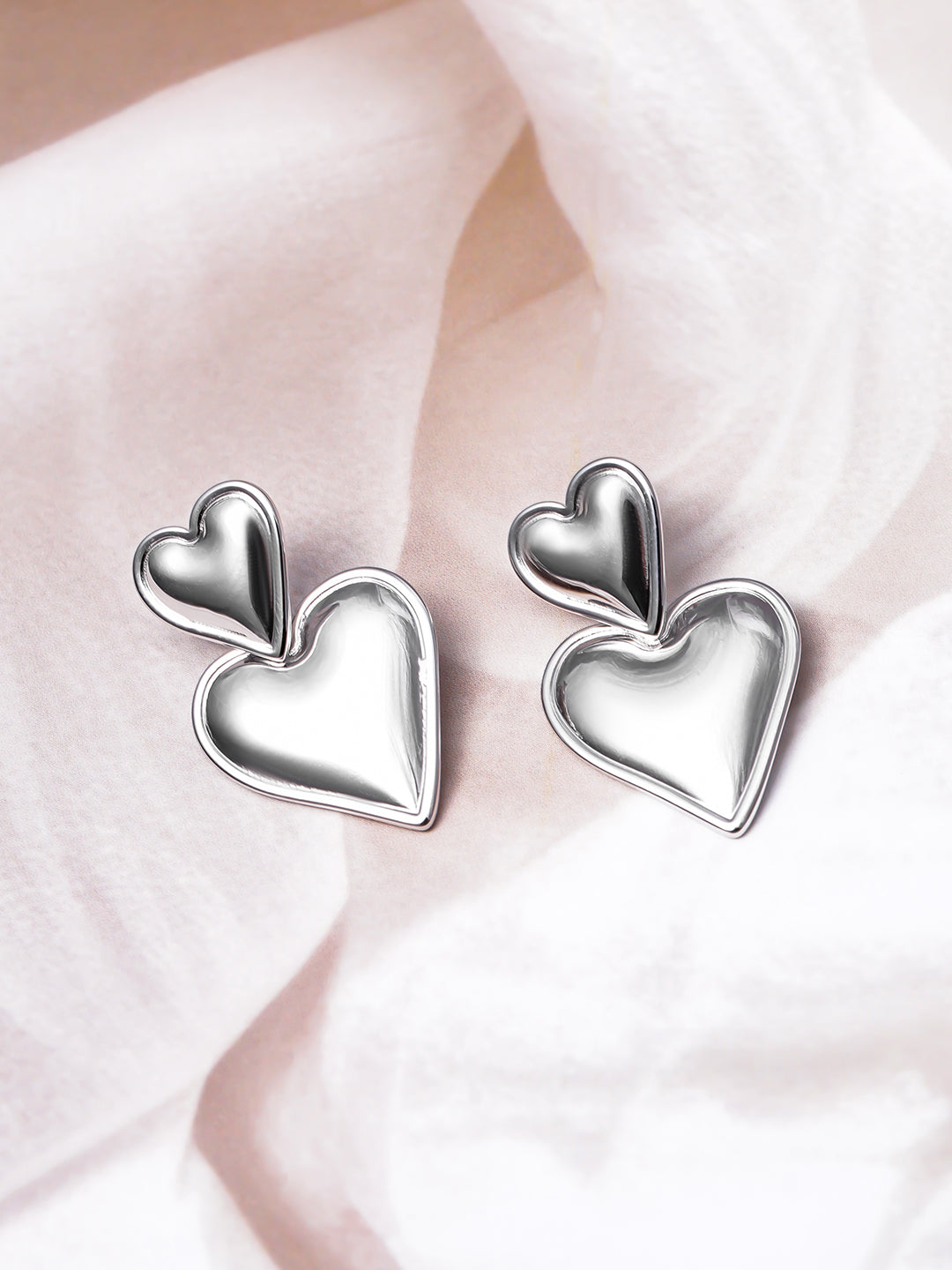 Silver Twin Hearts Bloom Drop Earrings Silver