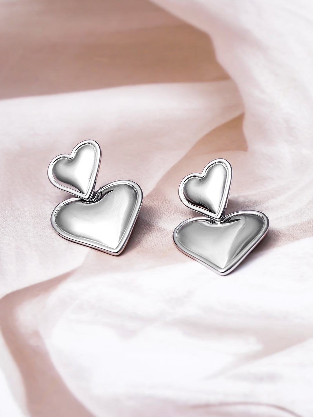 Silver Twin Hearts Bloom Drop Earrings Silver