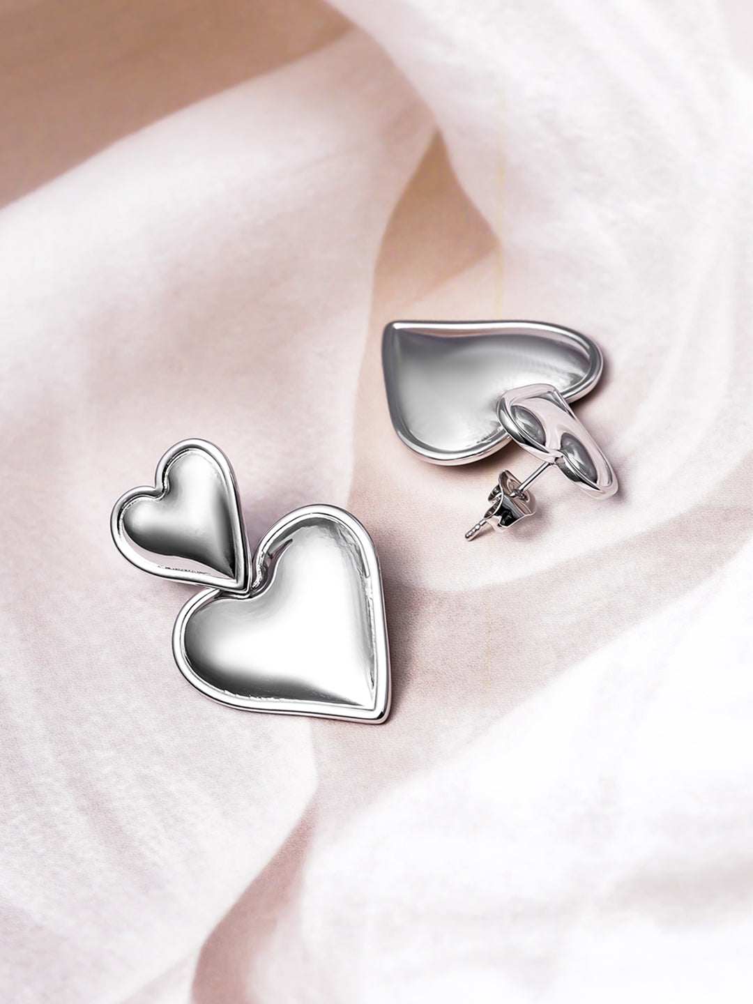 Silver Twin Hearts Bloom Drop Earrings Silver