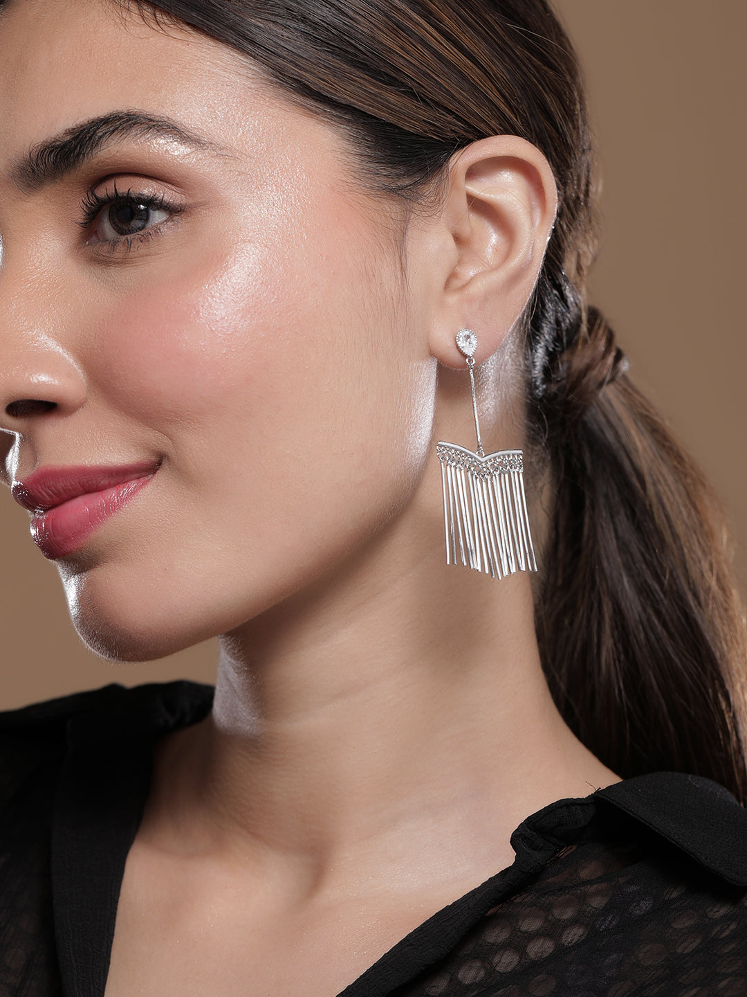 Silver Fringe Tassel Dangler Earrings Silver