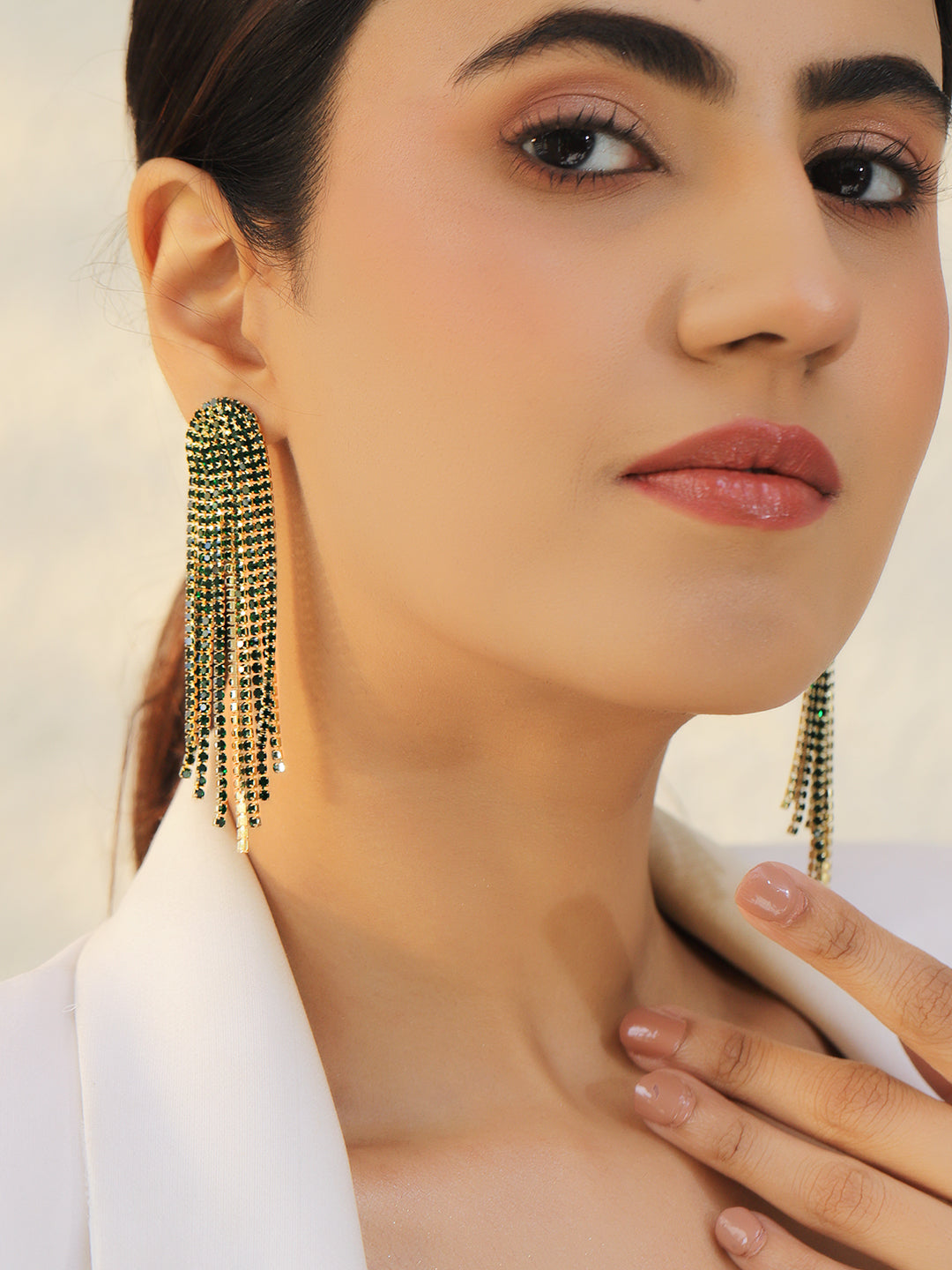 Green Beads Tassel Dangler Earrings フリーサイズ