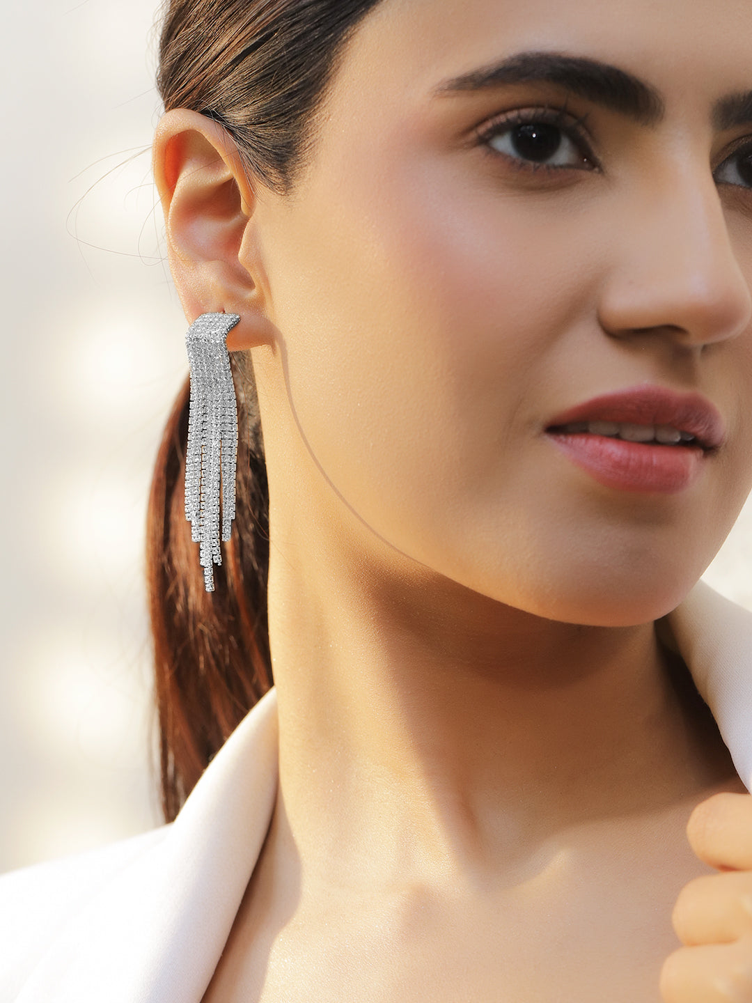 Crystal Silver Tassel Dangler Earrings フリーサイズ