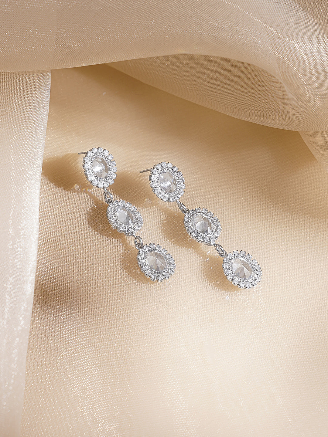 Rubans Voguish Rhodium Plated Clear Cubic Zirconia Triple Drop Dangler Earrings フリーサイズ