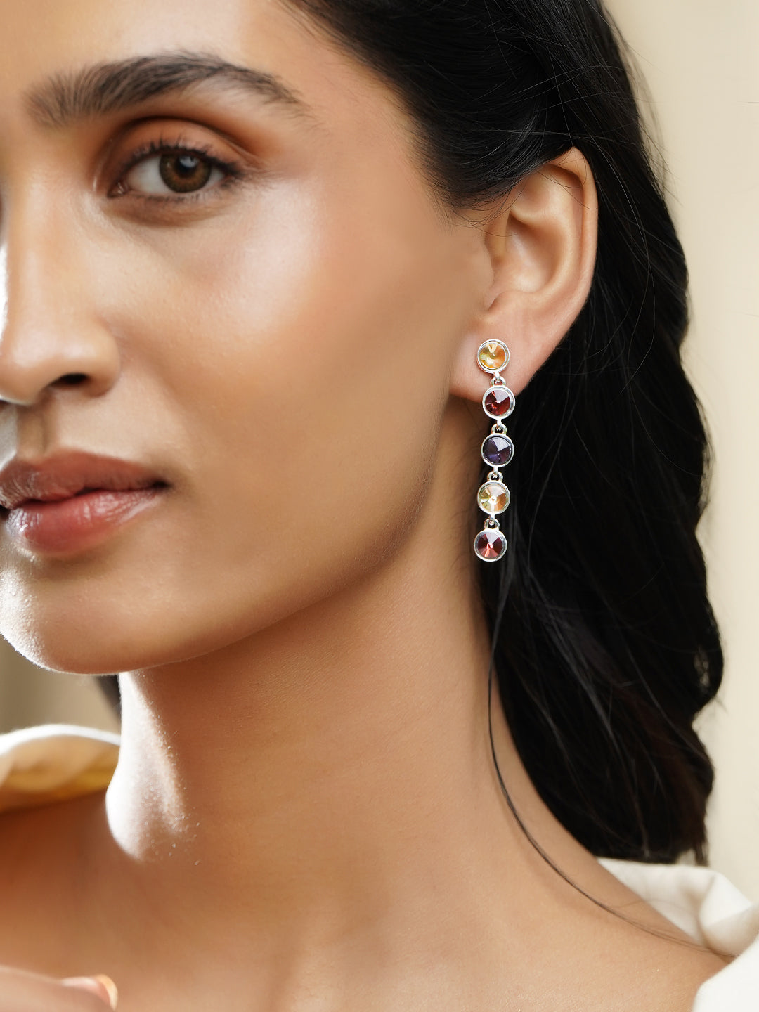 Rubans Voguish Rhodium-Plated Multicolour Crystal Rhinestone Statement Drop Earrings フリーサイズ