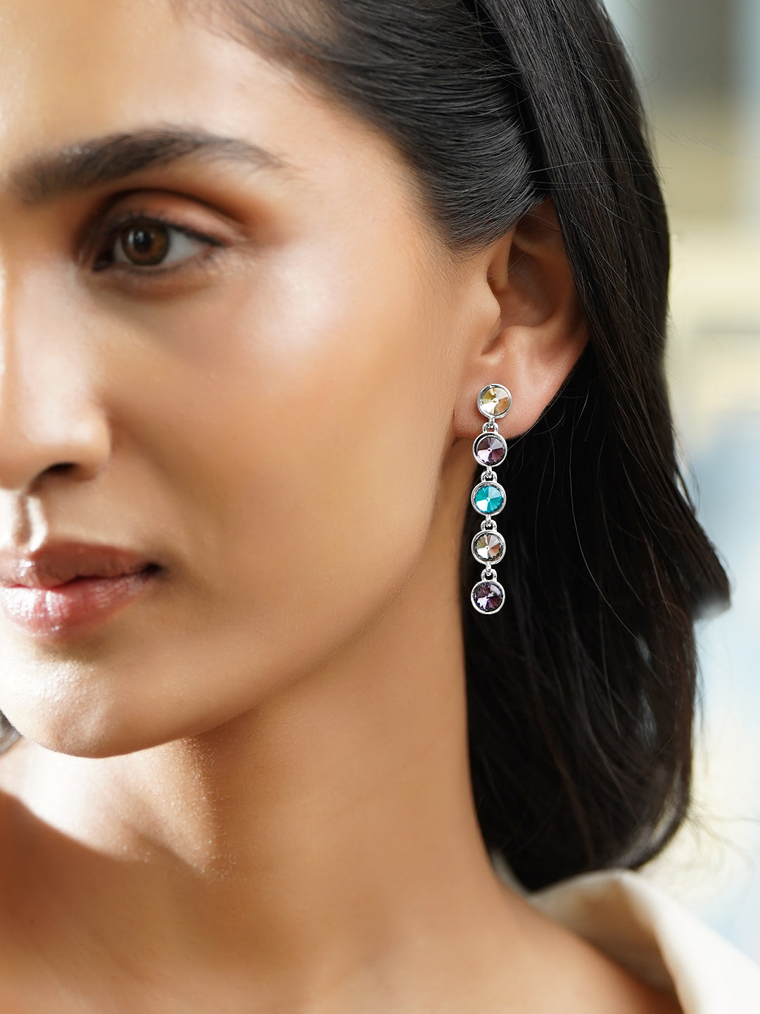 Rubans Voguish Rhodium-Plated Multicolour Crystal Stone Drop Dangler Earrings フリーサイズ