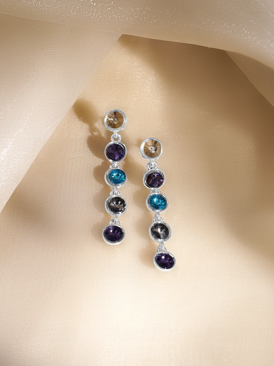 Rubans Voguish Rhodium-Plated Multicolour Crystal Stone Drop Dangler Earrings フリーサイズ