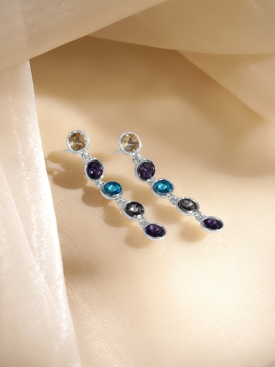 Rubans Voguish Rhodium-Plated Multicolour Crystal Stone Drop Dangler Earrings フリーサイズ