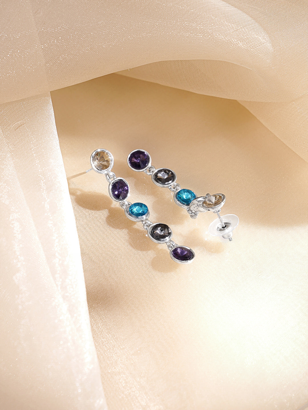 Rubans Voguish Rhodium-Plated Multicolour Crystal Stone Drop Dangler Earrings フリーサイズ