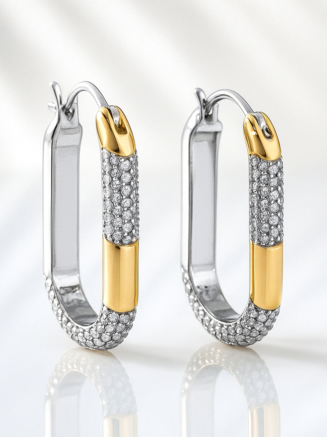 Two Tone Oval Pave Hoop Earrings White
