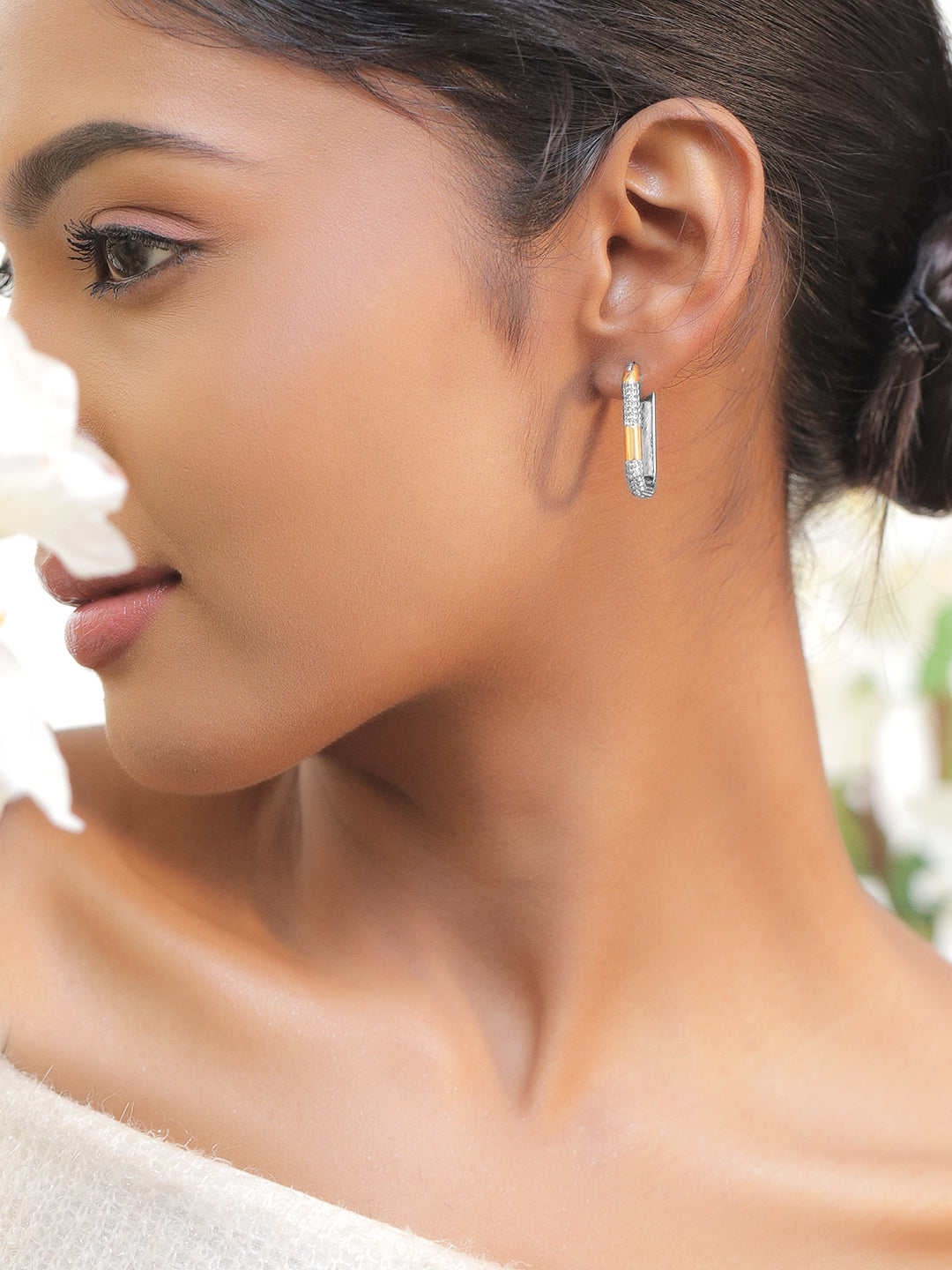 Two Tone Oval Pave Hoop Earrings White